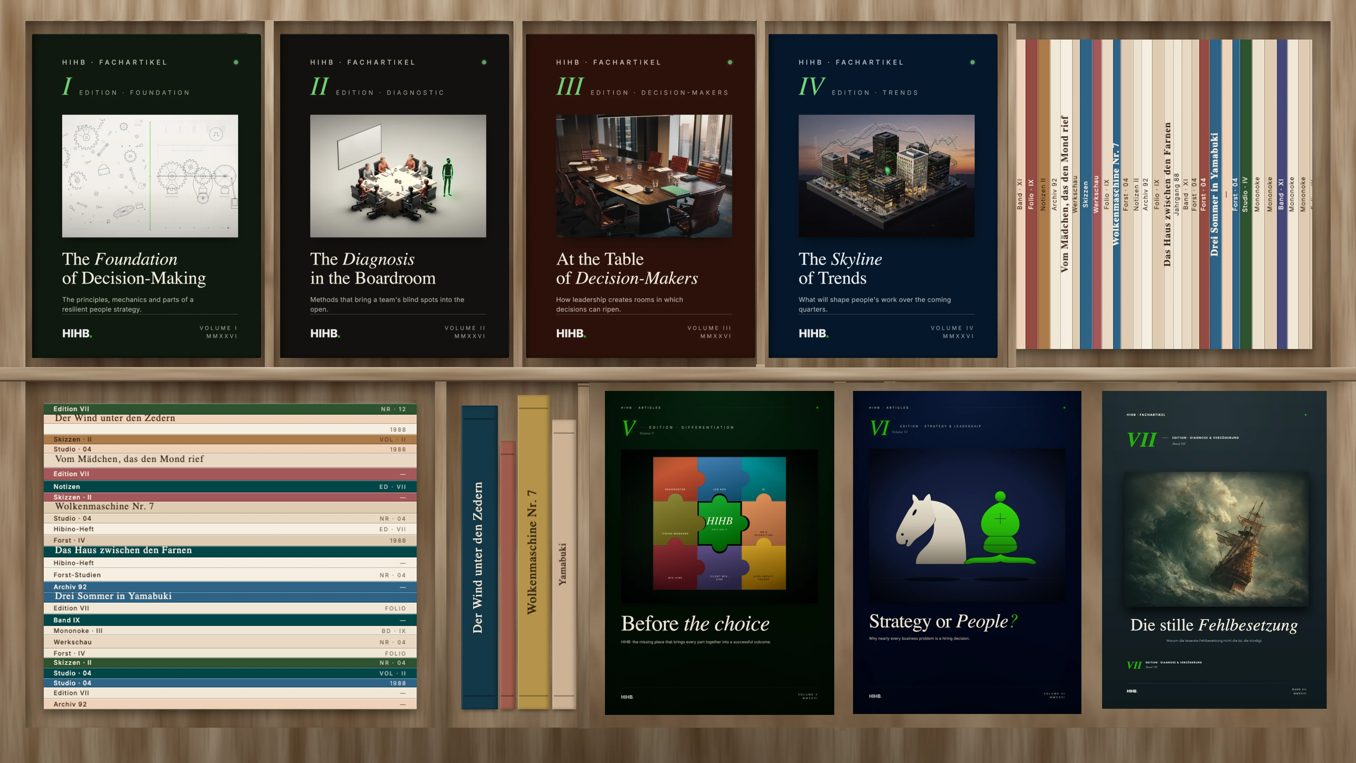 Bookshelf with the seven HIHB article editions: I Foundation (Briefing & 5C Method), II Diagnostic (Persona, Stakeholders & Evaluators), III Decision-Makers (C-Level & Mid-Market), IV Trends (2026 Hiring Trends), V Differentiation, VI Strategy & Leadership, VII Diagnosis & Delay