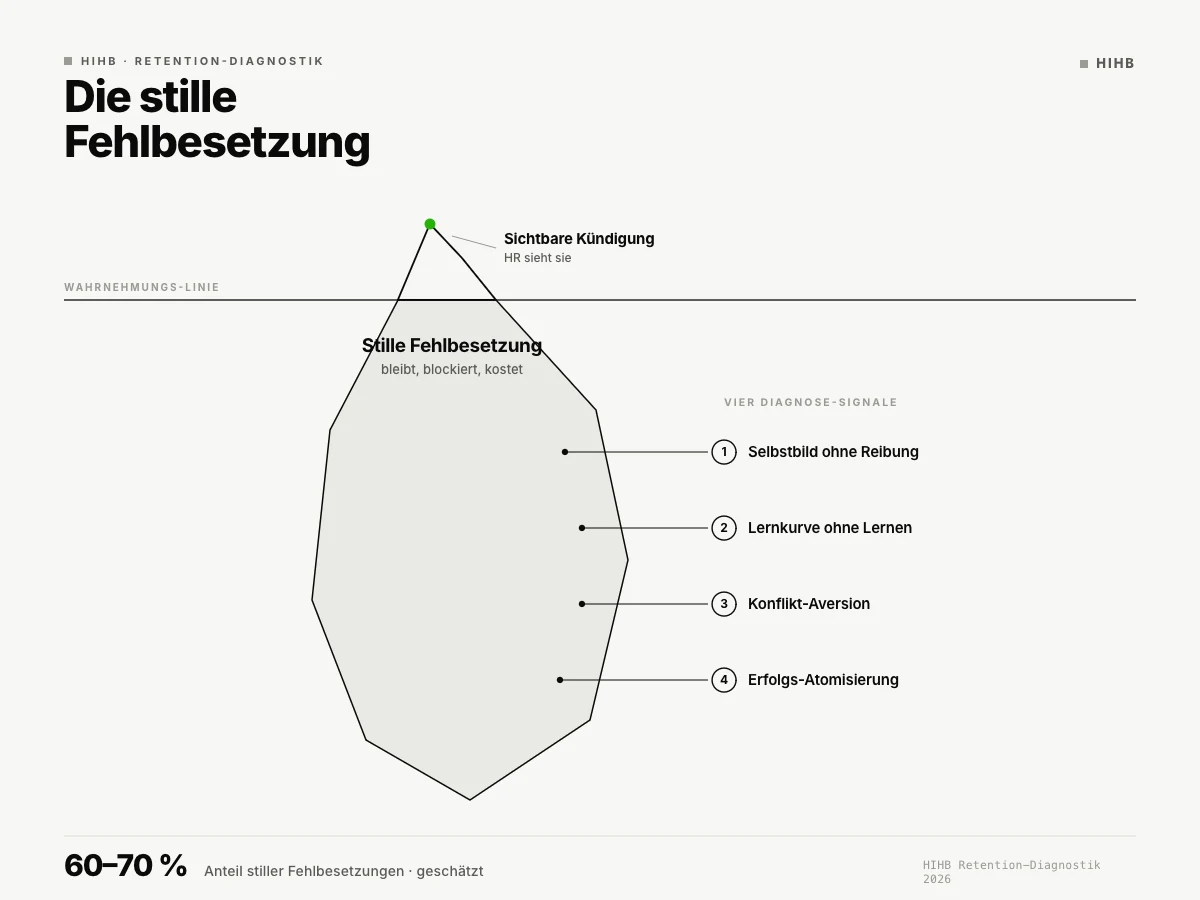 Diagramm: Die stille Fehlbesetzung mit vier Diagnose-Signalen unterhalb der Wasserlinie. Sichtbare Performance ueber dem Strich, darunter die leisen Hinweise auf strukturelles Mismatch zwischen Anforderung und Person.