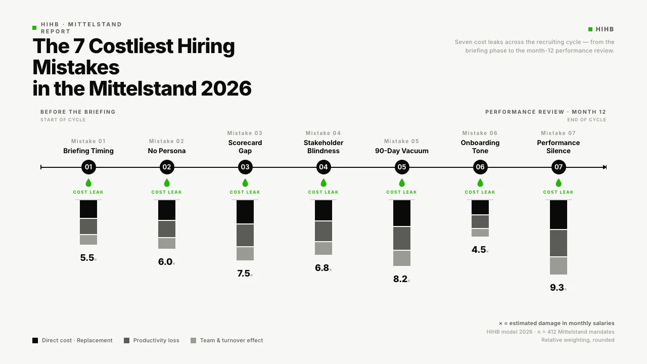 Diagram: Timeline of the seven costliest mid-market hiring mistakes 2026 along the candidate journey, from briefing through persona definition to onboarding. Shows where each mistake threatens the process.