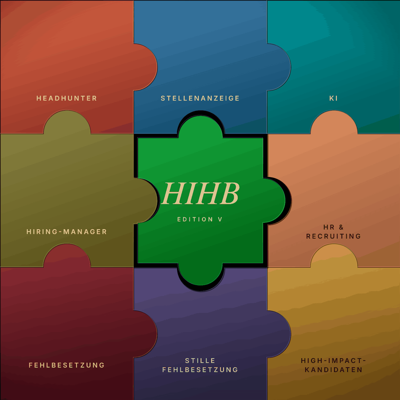 Puzzle-Darstellung: AI-Recruiting, Headhunter und Stellenanzeige als drei Puzzleteile. HIHB ist das fehlende Stück in der Mitte, das die anderen drei verbindet und das Bild vervollständigt.