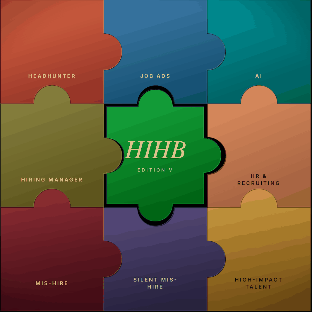 Puzzle visualisation: job ads, executive search, and AI recruiting as three puzzle pieces. HIHB is the missing piece in the middle that connects the other three and completes the picture.