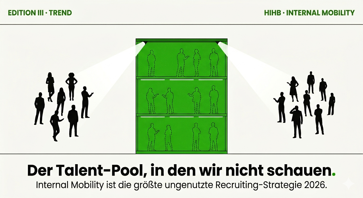 Editorial Screenprint Illustration: Querschnitt eines mehrstöckigen Bürogebäudes in HIHB-Grün. Auf den Etagen schweben menschliche Silhouetten in gestrichelter Kontur - sie sind da, aber unsichtbar. Außerhalb des Gebäudes, links und rechts, Cluster aus vollflächigen schwarzen Silhouetten, beleuchtet von Spotlights, die vom Dach nach außen strahlen. Headline: Der Talent-Pool, in den wir nicht schauen.
