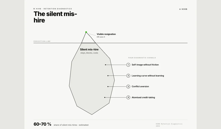 Diagram: The silent mis-hire with four diagnostic signals below the waterline. Visible performance above the line, the quiet signals of structural mismatch between role and person below.